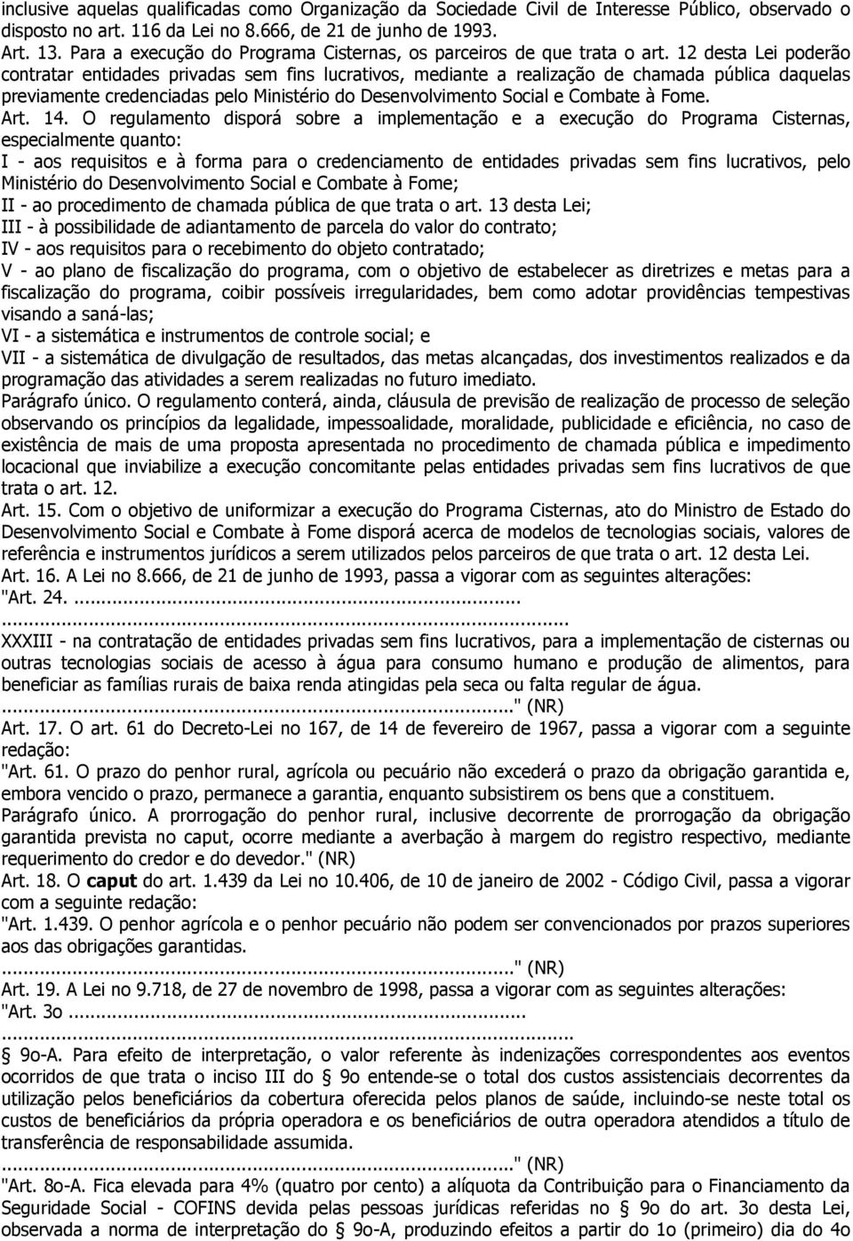 12 desta Lei poderão contratar entidades privadas sem fins lucrativos, mediante a realização de chamada pública daquelas previamente credenciadas pelo Ministério do Desenvolvimento Social e Combate à