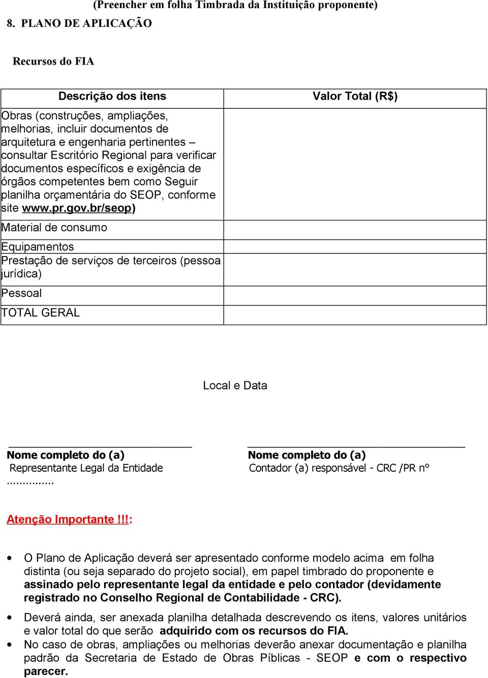 br/seop) Material de consumo Equipamentos Prestação de serviços de terceiros (pessoa jurídica) Pessoal TOTAL GERAL Valor Total (R$) Local e Data Nome completo do (a) Nome completo do (a)