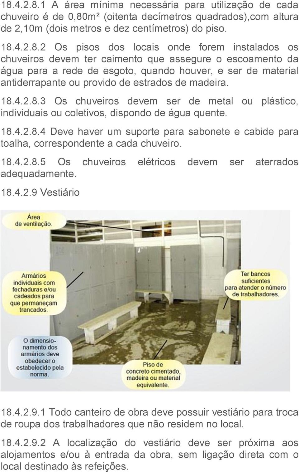 18.4.2.8.3 Os chuveiros devem ser de metal ou plástico, individuais ou coletivos, dispondo de água quente. 18.4.2.8.4 Deve haver um suporte para sabonete e cabide para toalha, correspondente a cada chuveiro.