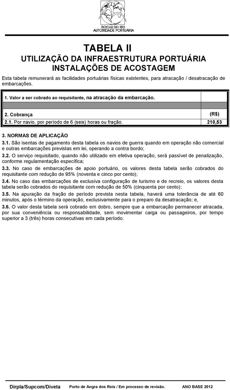 Por navio, por período de 6 (seis) horas ou fração. 210