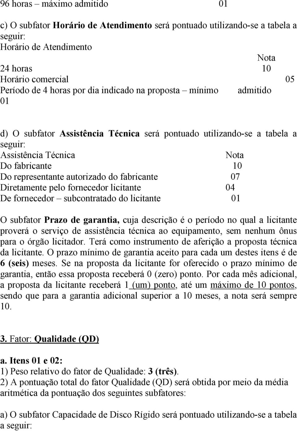 fornecedor licitante 04 De fornecedor subcontratado do licitante 01 O subfator Prazo de garantia, cuja descrição é o período no qual a licitante proverá o serviço de assistência técnica ao