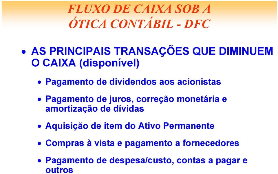 correção monetária e amortização de dívidas Aquisição de item do Ativo Permanente