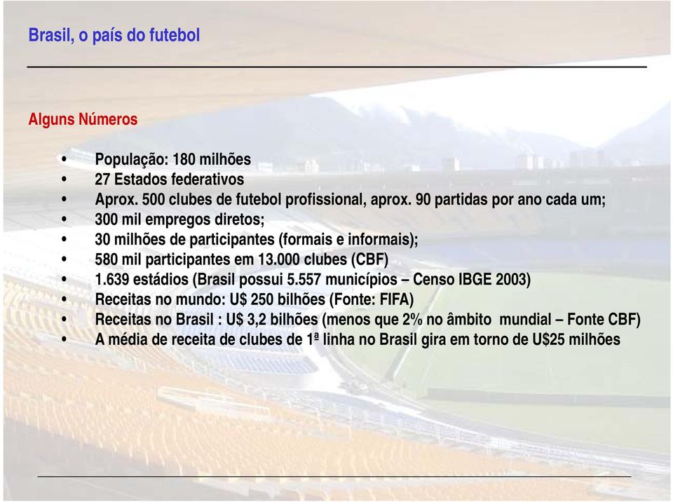 000 clubes (CBF) 1.639 estádios (Brasil possui 5.