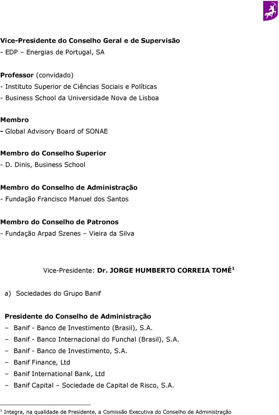 Dinis, Business School Membro do Conselho de Administração - Fundação Francisco Manuel dos Santos Membro do Conselho de Patronos - Fundação Arpad Szenes Vieira da Silva Vice-Presidente: Dr.