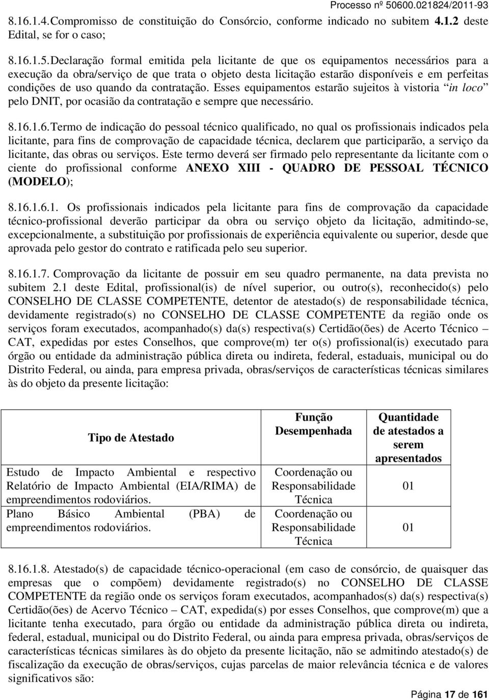 quando da contratação. Esses equipamentos estarão sujeitos à vistoria in loco pelo DNIT, por ocasião da contratação e sempre que necessário. 8.16.