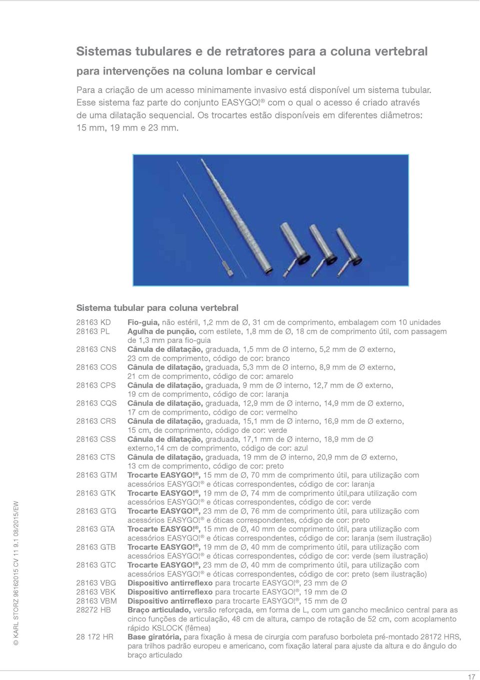 Sistema tubular para coluna vertebral 28163 KD Fio-guia, não estéril, 1,2 mm de Ø, 31 cm de comprimento, embalagem com 10 unidades 28163 PL Agulha de punção, com estilete, 1,8 mm de Ø, 18 cm de