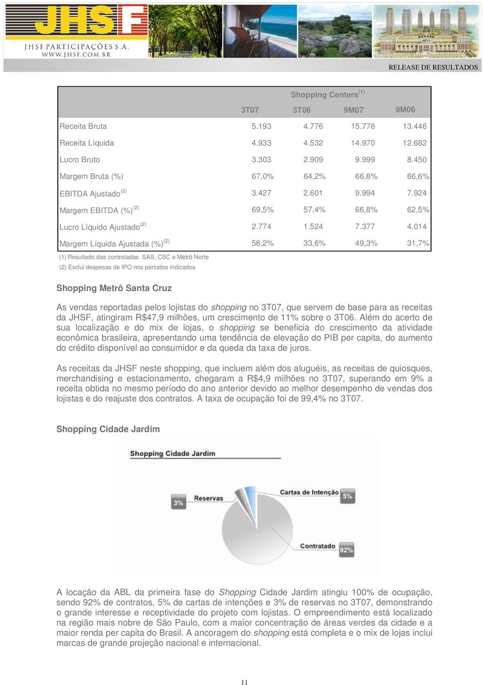 014 Margem Líquida Ajustada (%) (2) 56,2% 33,6% 49,3% 31,7% (1) Resultado das controladas SAS, CSC e Metrô Norte (2) Exclui despesas de IPO nos períodos indicados Shopping Metrô Santa Cruz As vendas