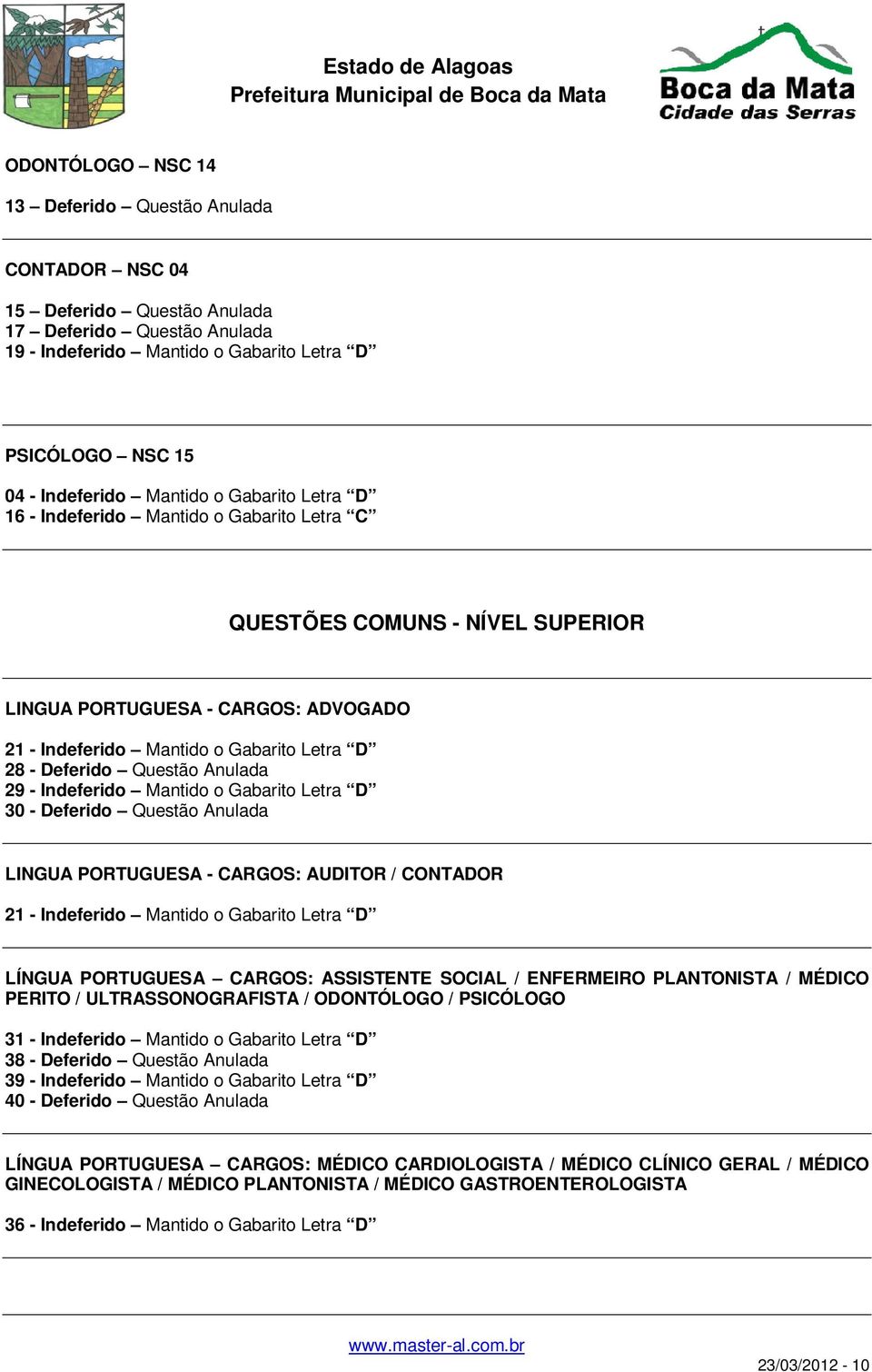 Questão Anulada 29 - Indeferido Mantido o Gabarito Letra D 30 - Deferido Questão Anulada LINGUA PORTUGUESA - CARGOS: AUDITOR / CONTADOR 21 - Indeferido Mantido o Gabarito Letra D LÍNGUA PORTUGUESA