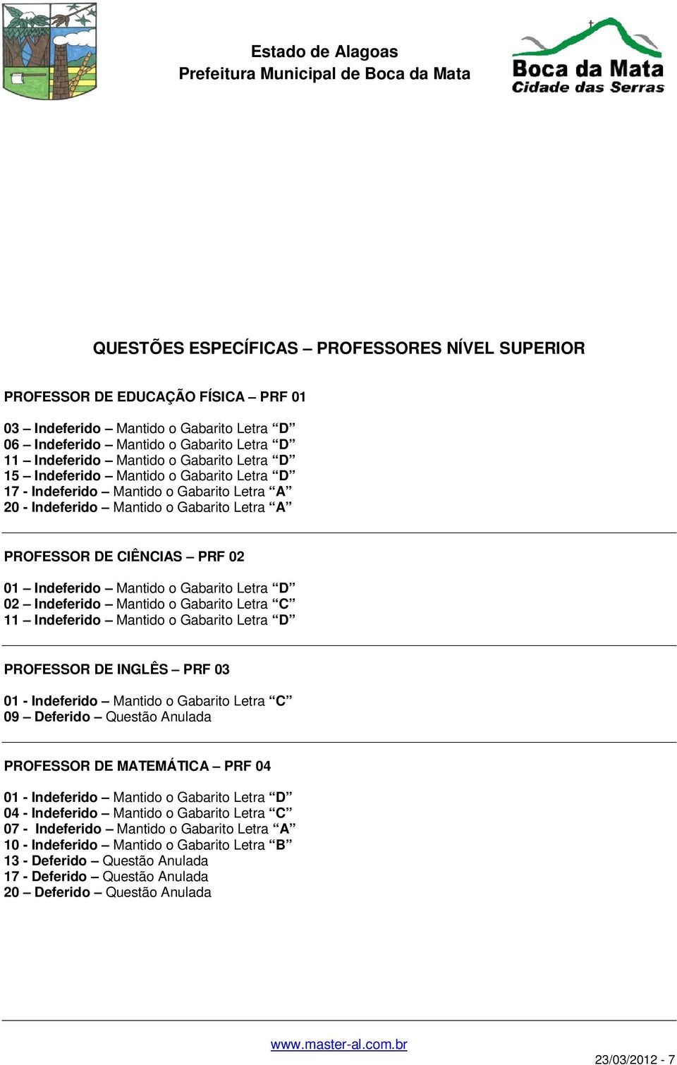 Letra D 02 Indeferido Mantido o Gabarito Letra C 11 Indeferido Mantido o Gabarito Letra D PROFESSOR DE INGLÊS PRF 03 01 - Indeferido Mantido o Gabarito Letra C 09 Deferido Questão Anulada PROFESSOR