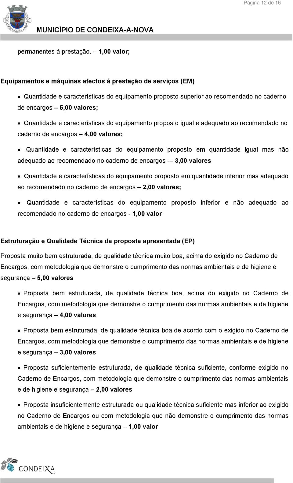 características do equipamento proposto igual e adequado ao recomendado no caderno de encargos 4,00 valores; Quantidade e características do equipamento proposto em quantidade igual mas não adequado