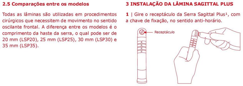 A diferença entre os modelos é o comprimento da haste da serra, o qual pode ser de 20 mm (LSP20), 25 mm