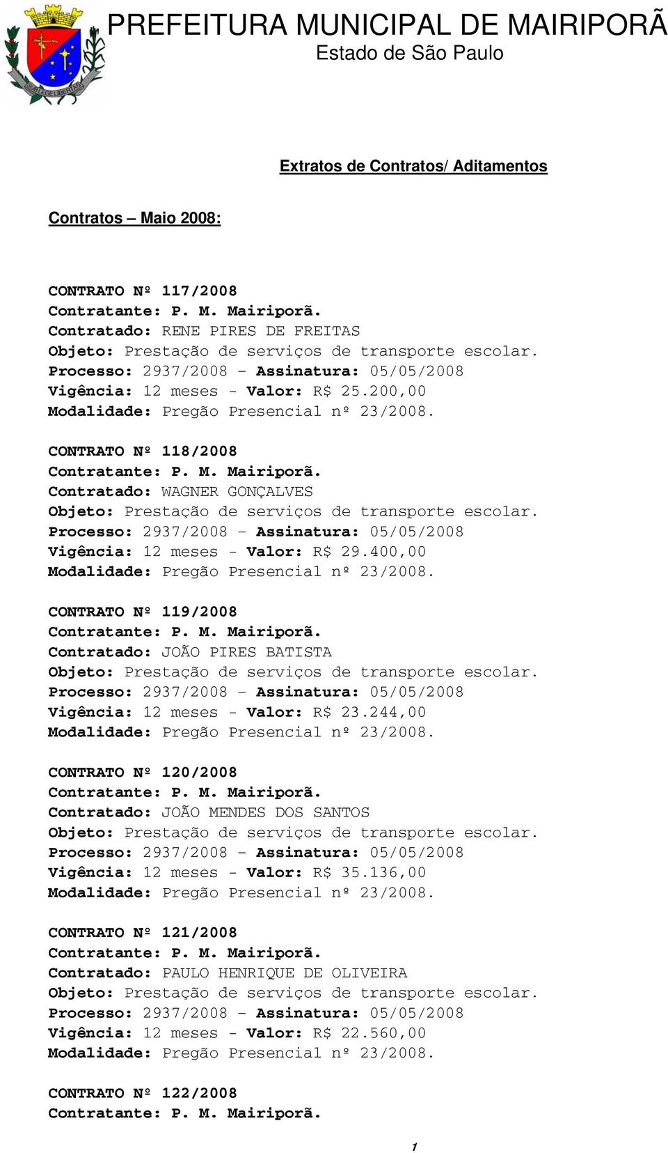 400,00 CONTRATO Nº 119/2008 Contratado: JOÃO PIRES BATISTA Vigência: 12 meses - Valor: R$ 23.