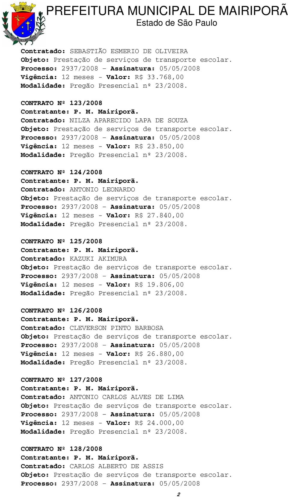 850,00 CONTRATO Nº 124/2008 Contratado: ANTONIO LEONARDO Vigência: 12 meses - Valor: R$ 27.