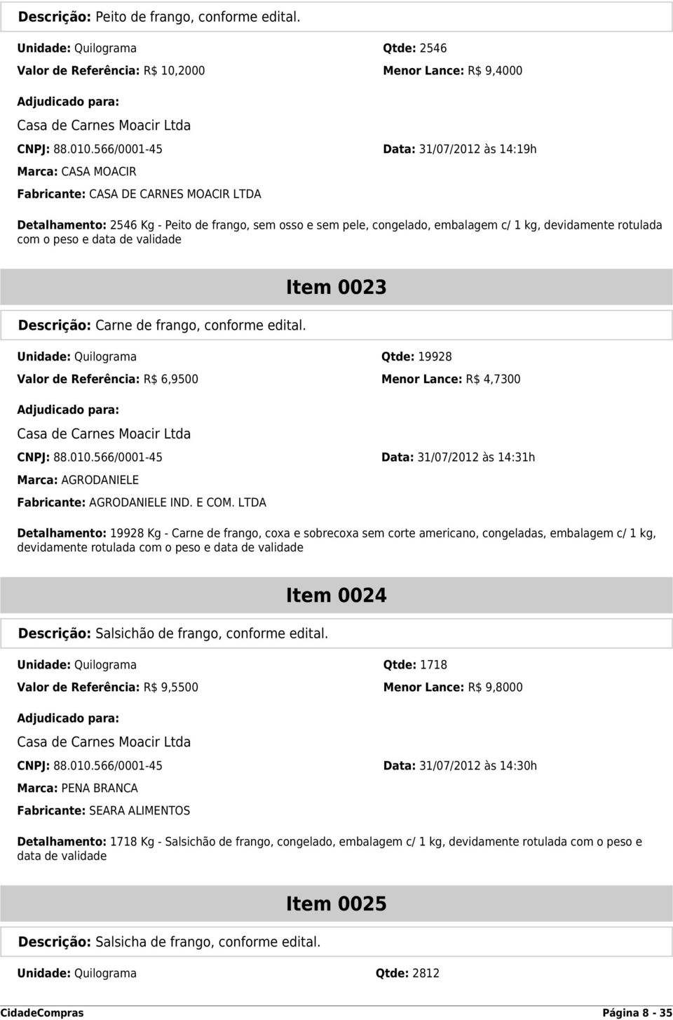 devidamente rotulada com o peso e data de validade Descrição: Carne de frango, conforme edital.