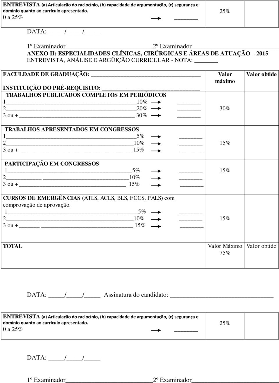 INSTITUIÇÃO DO PRÉ-REQUISITO: TRABALHOS PUBLICADOS COMPLETOS EM PERIÓDICOS 1 10% 2 20% 3 ou + 30% TRABALHOS APRESENTADOS EM CONGRESSOS 1 5% 2 10% 3 ou + 15% PARTICIPAÇÃO EM CONGRESSOS 1 5% 2 10% 3 ou