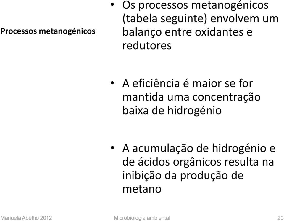 concentração baixa de hidrogénio A acumulação de hidrogénio e de ácidos orgânicos