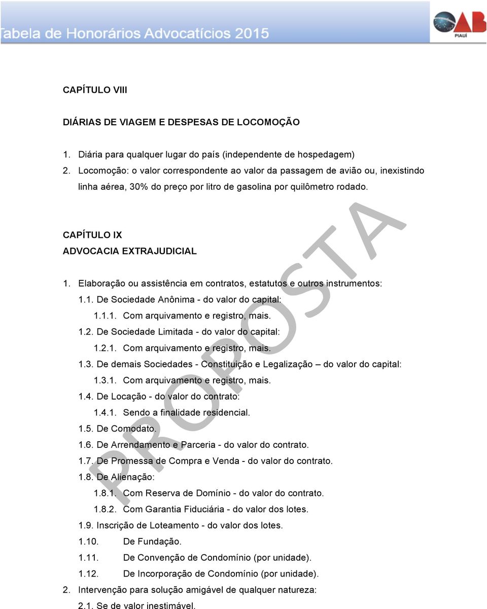 Elaboração ou assistência em contratos, estatutos e outros instrumentos: 1.1. De Sociedade Anônima - do valor do capital: 1.1.1. Com arquivamento e registro, mais. 1.2.