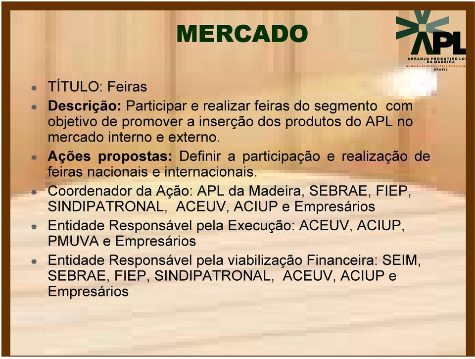 Coordenador da Ação: APL da Madeira, SEBRAE, FIEP, SINDIPATRONAL, ACEUV, ACIUP e Empresários Entidade Responsável pela Execução: