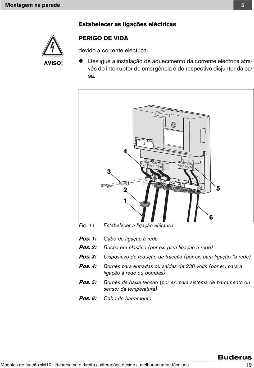 1: Pos. : Pos. 3: Pos. 4: Pos. 5: Pos. 6: Cabo de ligação à rede Bucha em plástico (por ex. para ligação à rede) Dispositivo de redução de tracção (por ex.