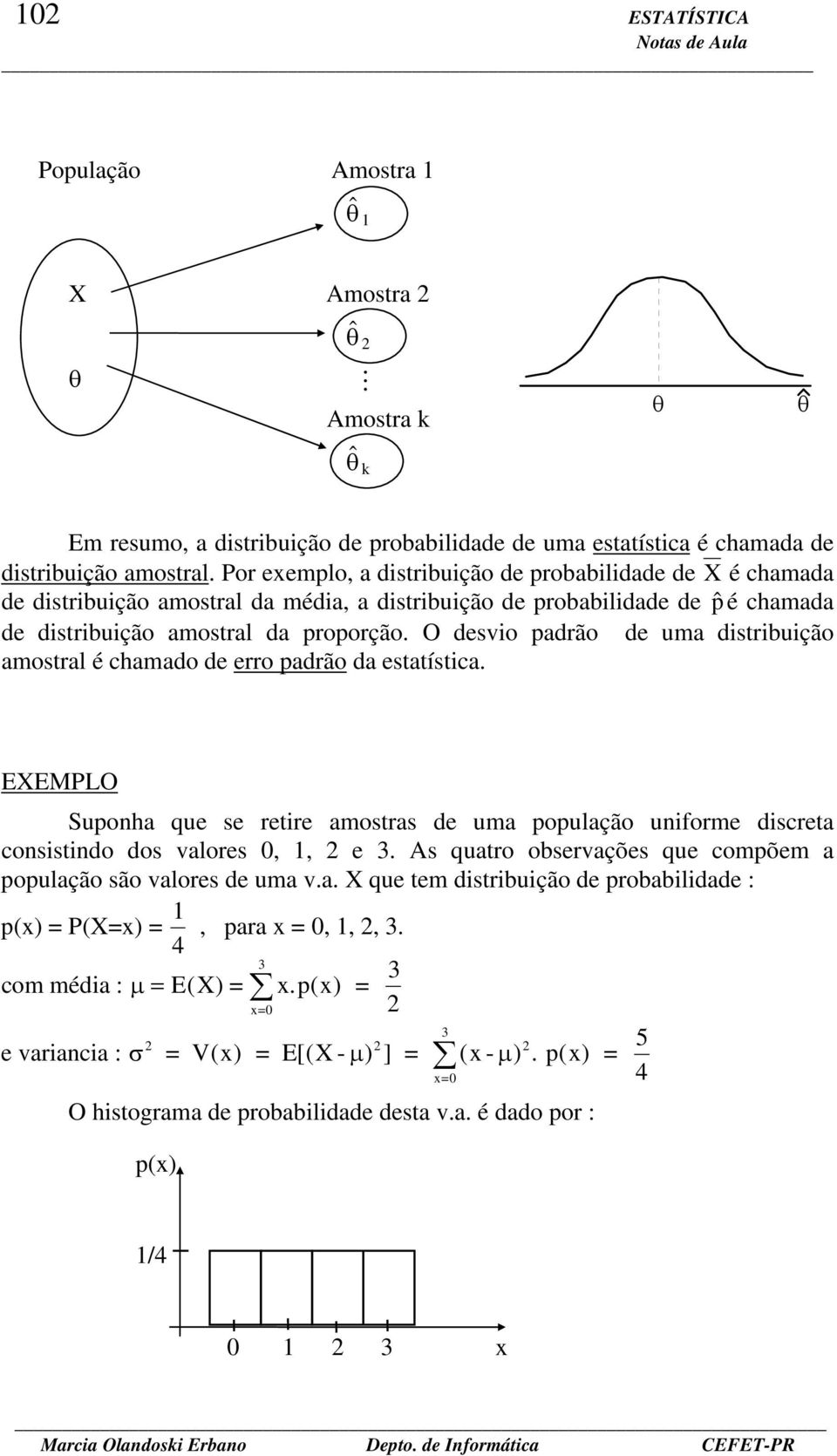 O desvio padrão de uma distribuição amostral é chamado de erro padrão da estatística. EXEMPLO Supoha que se retire amostras de uma população uiforme discreta cosistido dos valores 0,, e 3.