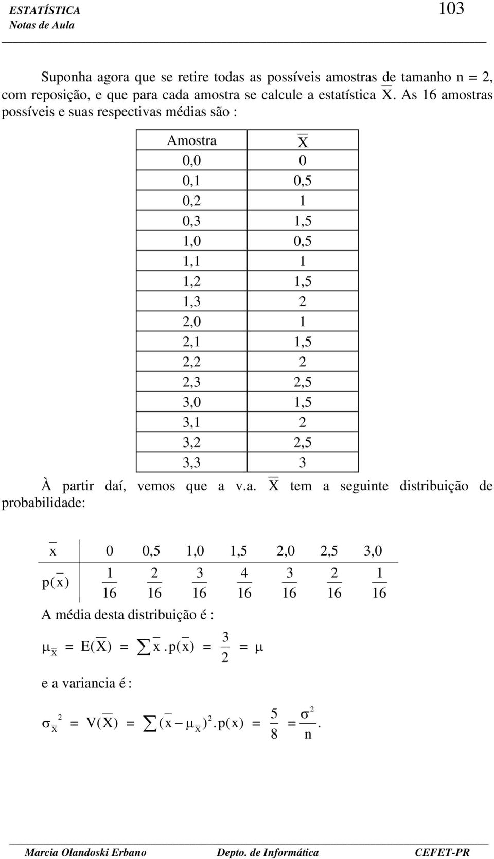 As 6 amostras possíveis e suas respectivas médias são : Amostra X 0,0 0 0, 0,5 0, 0,3,5,0 0,5,,,5,3,0,,5,,3,5 3,0,5 3, 3,,5 3,3 3