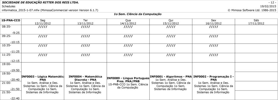 Ciência da Computação 1o Sem. INF0001 - Algoritmos - PNA INF0089 - Lingua Portuguesa 1o Sem. Análise e Des. Pres.