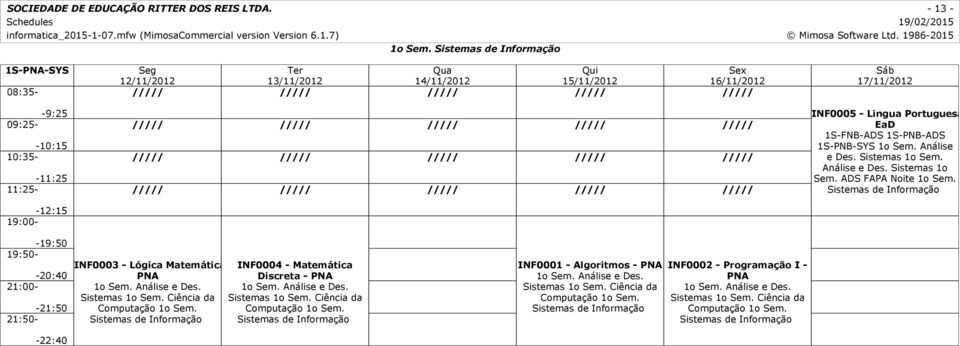 INF0004 - Matemática Discreta - PNA 1o Sem. Análise e Des. Sistemas 1o Sem. Ciência da Computação 1o Sem. INF0001 - Algoritmos - PNA 1o Sem.