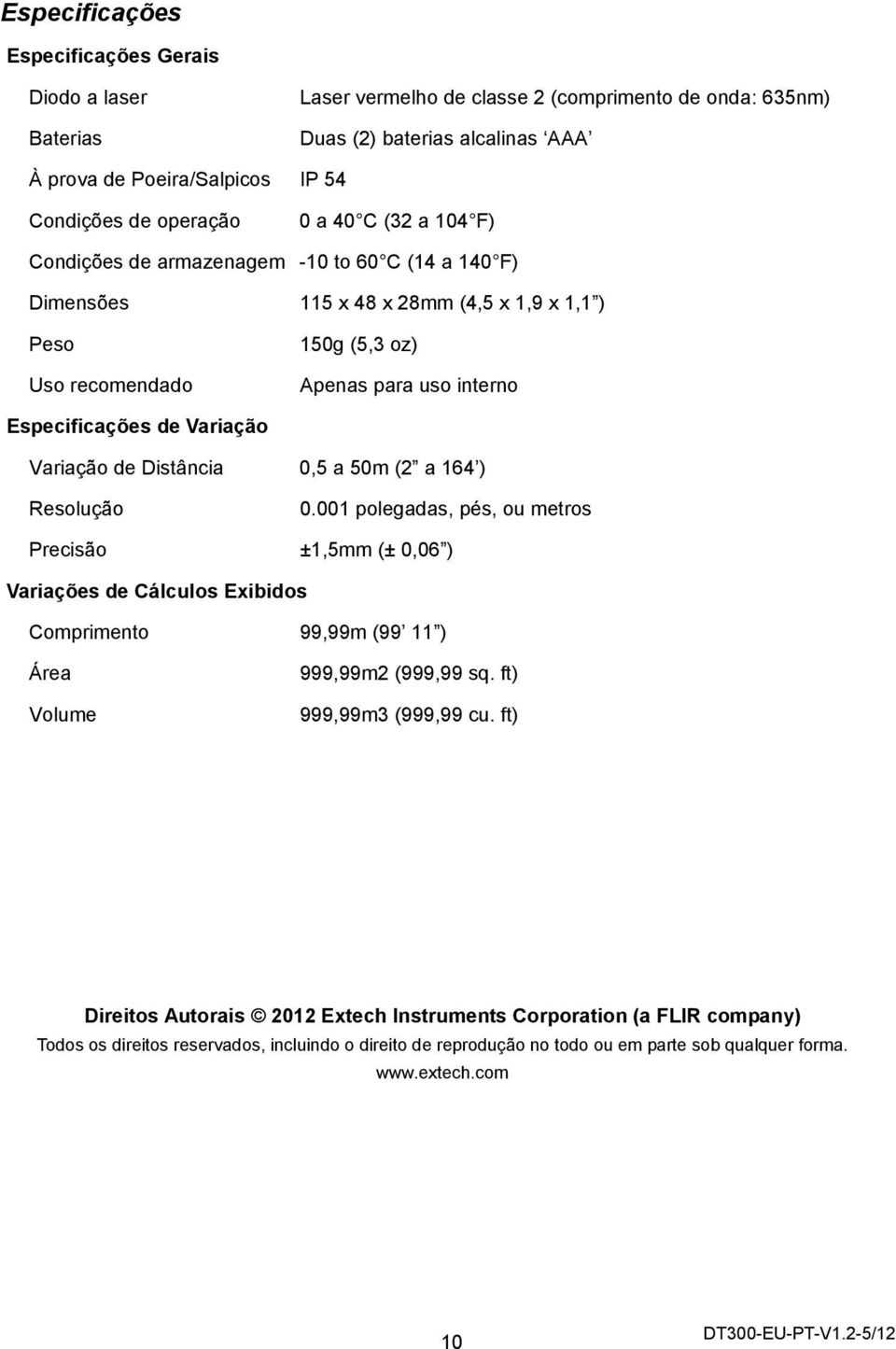 de Variação Variação de Distância 0,5 a 50m (2 a 164 ) Resolução 0.