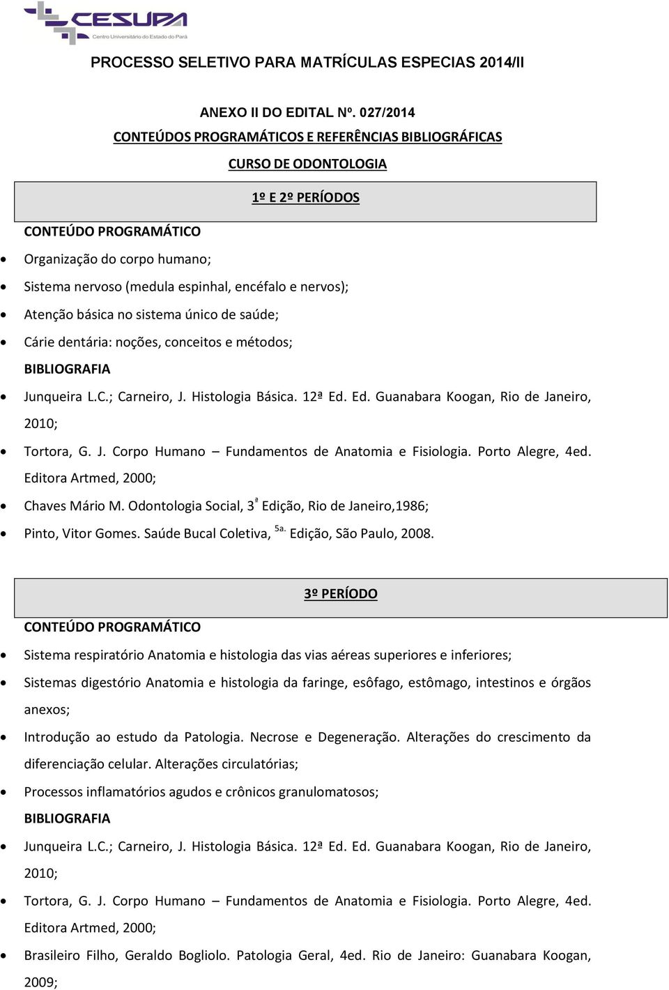 nervos); Atenção básica no sistema único de saúde; Cárie dentária: noções, conceitos e métodos; BIBLIOGRAFIA Junqueira L.C.; Carneiro, J. Histologia Básica. 12ª Ed.