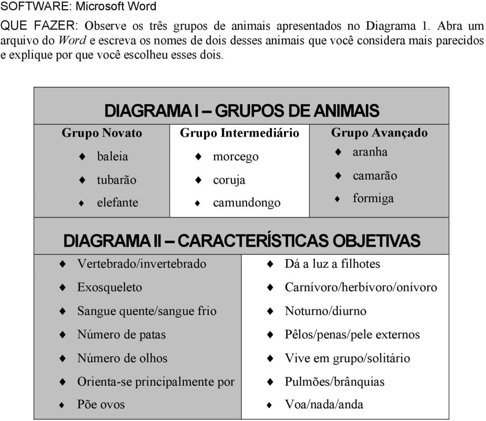 DIAGRAMA I GRUPOS DE ANIMAIS Grupo Novato baleia tubarão Grupo Intermediário morcego coruja Grupo Avançado aranha camarão elefante camundongo formiga DIAGRAMA II