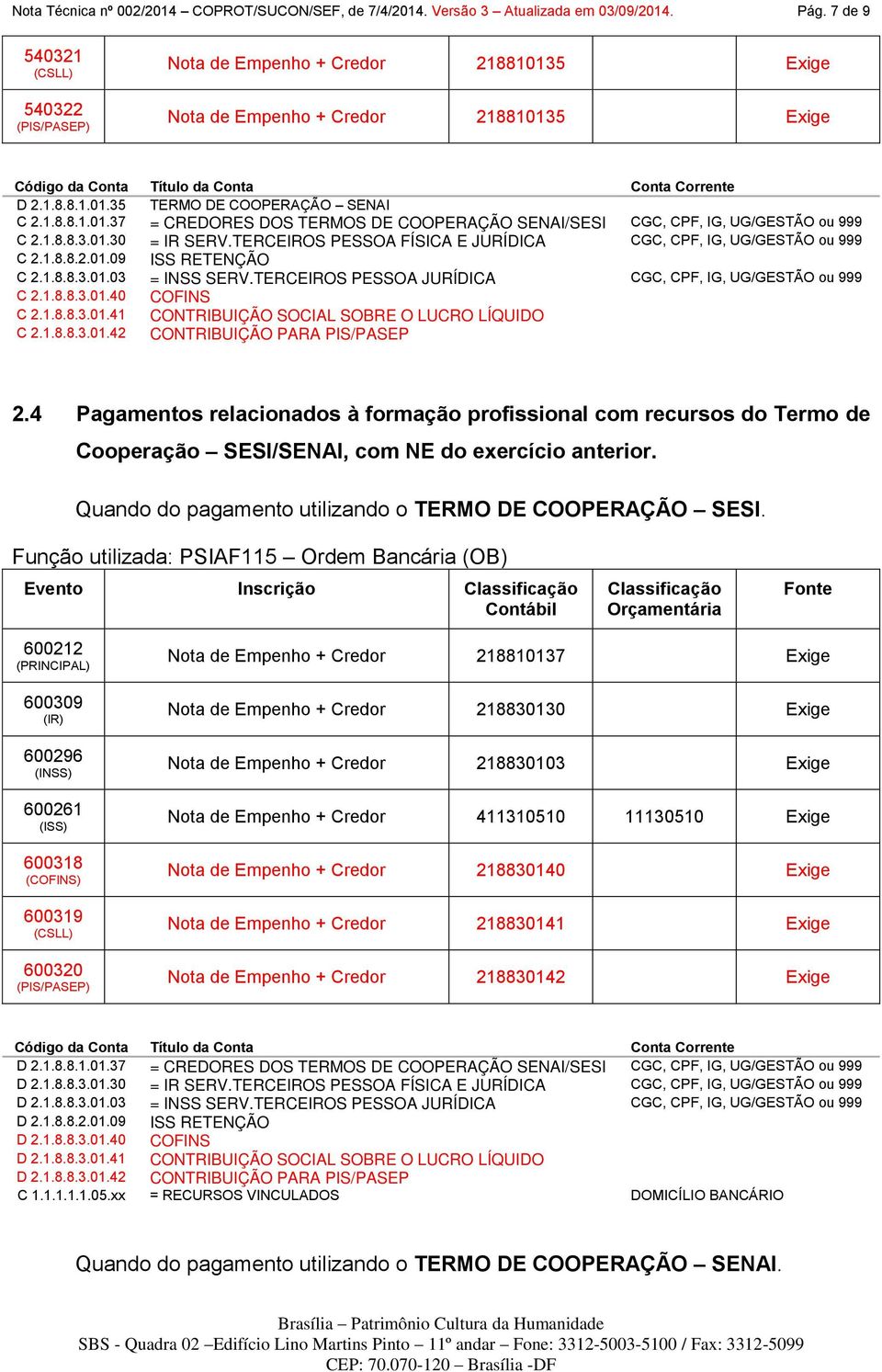 TERCEIROS PESSOA JURÍDICA CGC, CPF, IG, UG/GESTÃO ou 999 C 2.1.8.8.3.01.40 COFINS C 2.1.8.8.3.01.41 CONTRIBUIÇÃO SOCIAL SOBRE O LUCRO LÍQUIDO C 2.1.8.8.3.01.42 CONTRIBUIÇÃO PARA PIS/PASEP 2.