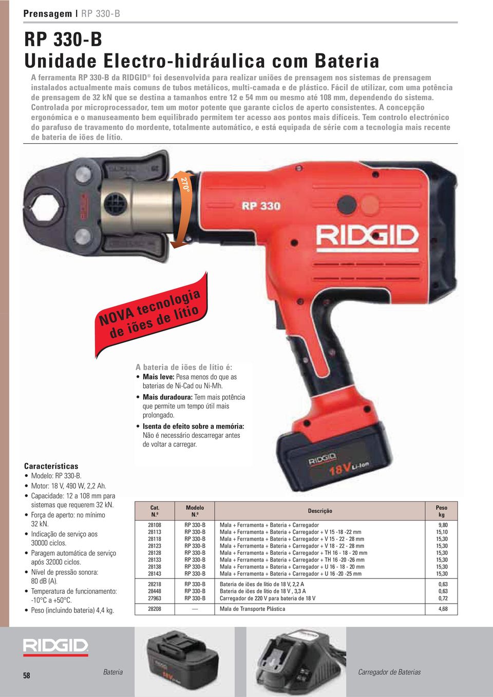 Fácil de utilizar, com uma potência de prensagem de 32 kn que se destina a tamanhos entre 12 e 54 mm ou mesmo até 108 mm, dependendo do sistema.