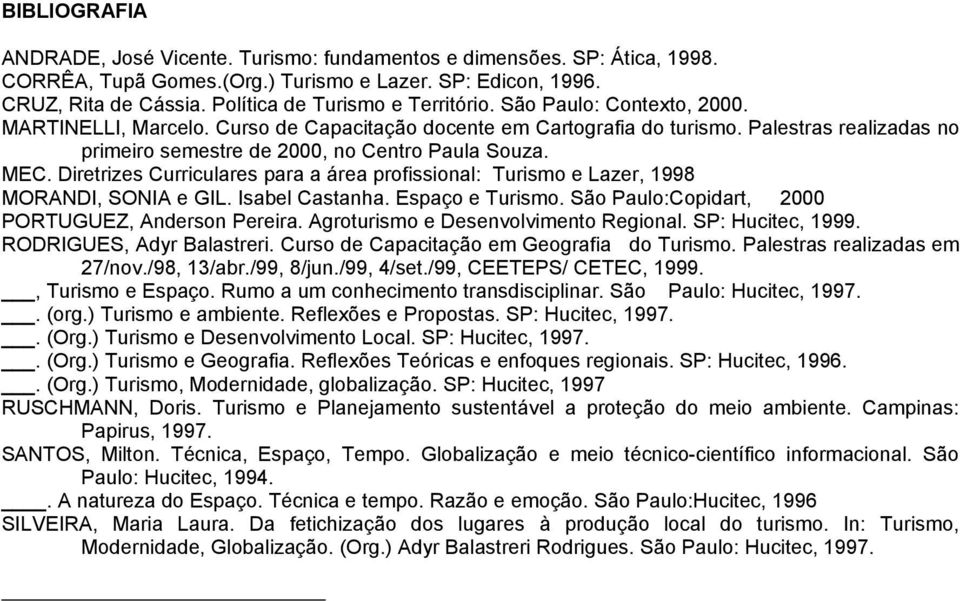 Palestras realizadas no primeiro semestre de 2000, no Centro Paula Souza. MEC. Diretrizes Curriculares para a área profissional: Turismo e Lazer, 1998 MORANDI, SONIA e GIL. Isabel Castanha.