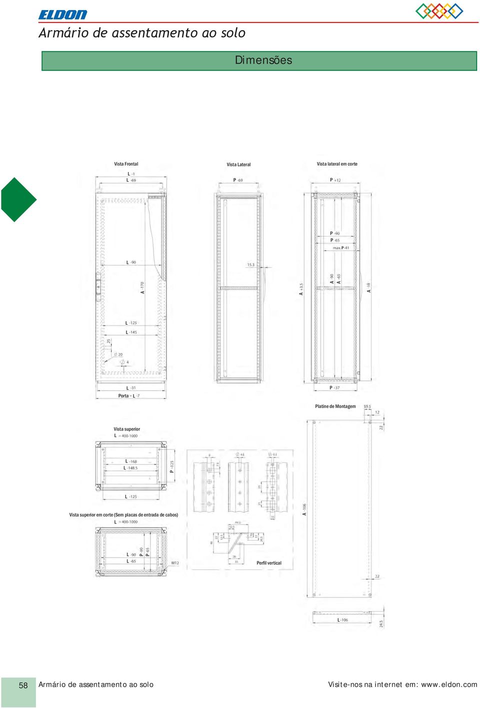 superior em corte (Sem placas de entrada de cabos) erfil vertical 58