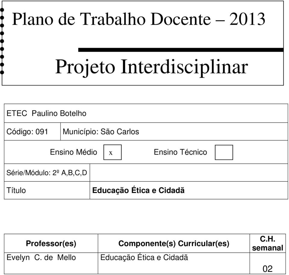 Série/Módulo: 2º A,B,C,D Título Educação Ética e Cidadã Professor(es)