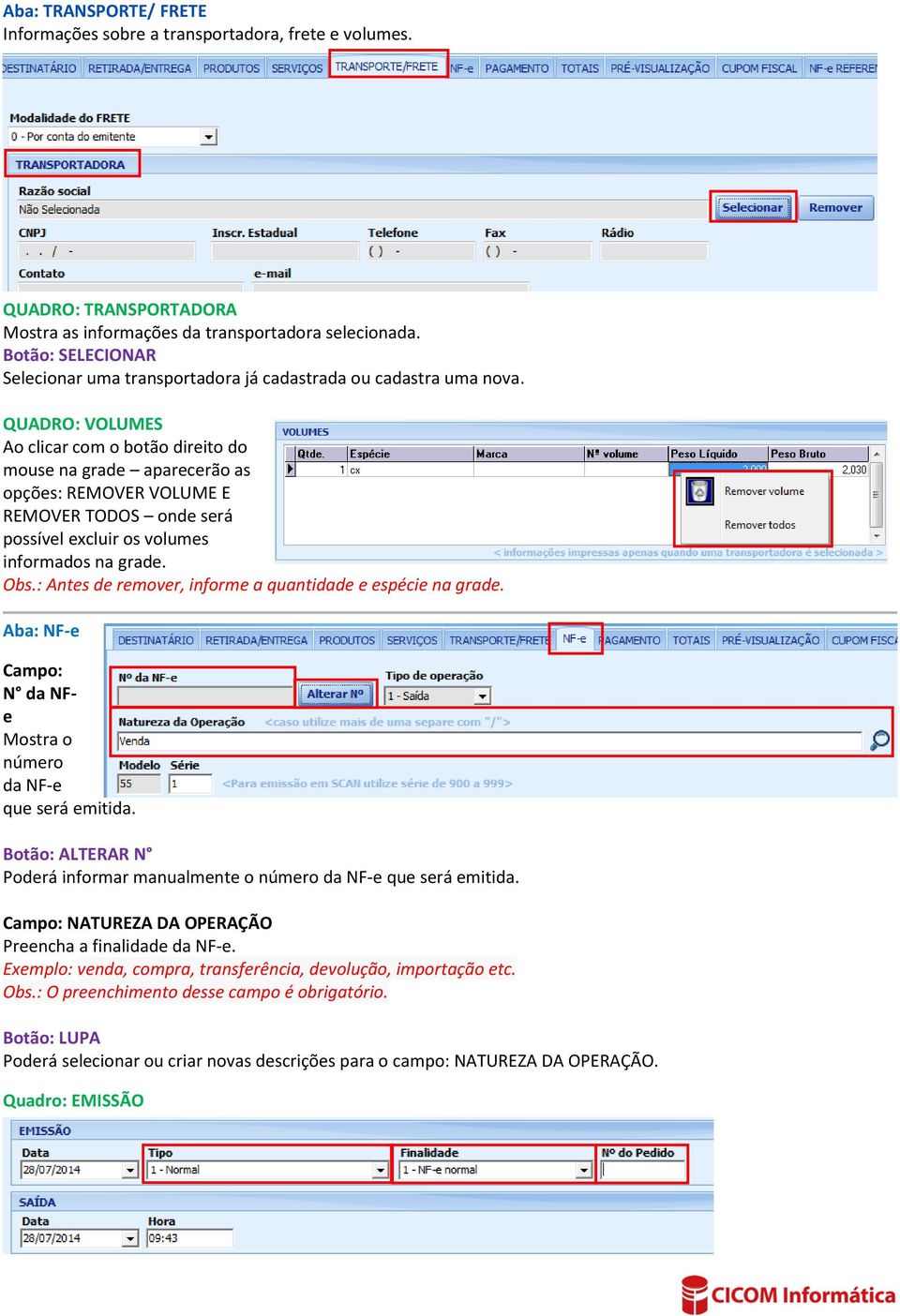 QUADRO: VOLUMES Ao clicar com o botão direito do mouse na grade aparecerão as opções: REMOVER VOLUME E REMOVER TODOS onde será possível excluir os volumes informados na grade. Obs.