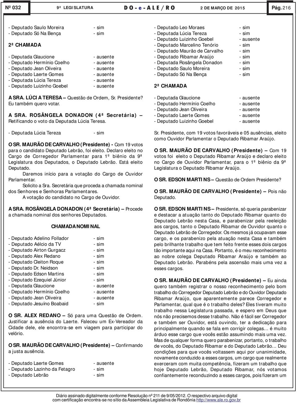 Declaro eleito no Cargo de Corregedor Parlamentar para 1º biênio da 9ª Legislatura dos Deputados, o Deputado Lebrão. Está eleito Daremos início para a votação do Cargo de Ouvidor Parlamentar.