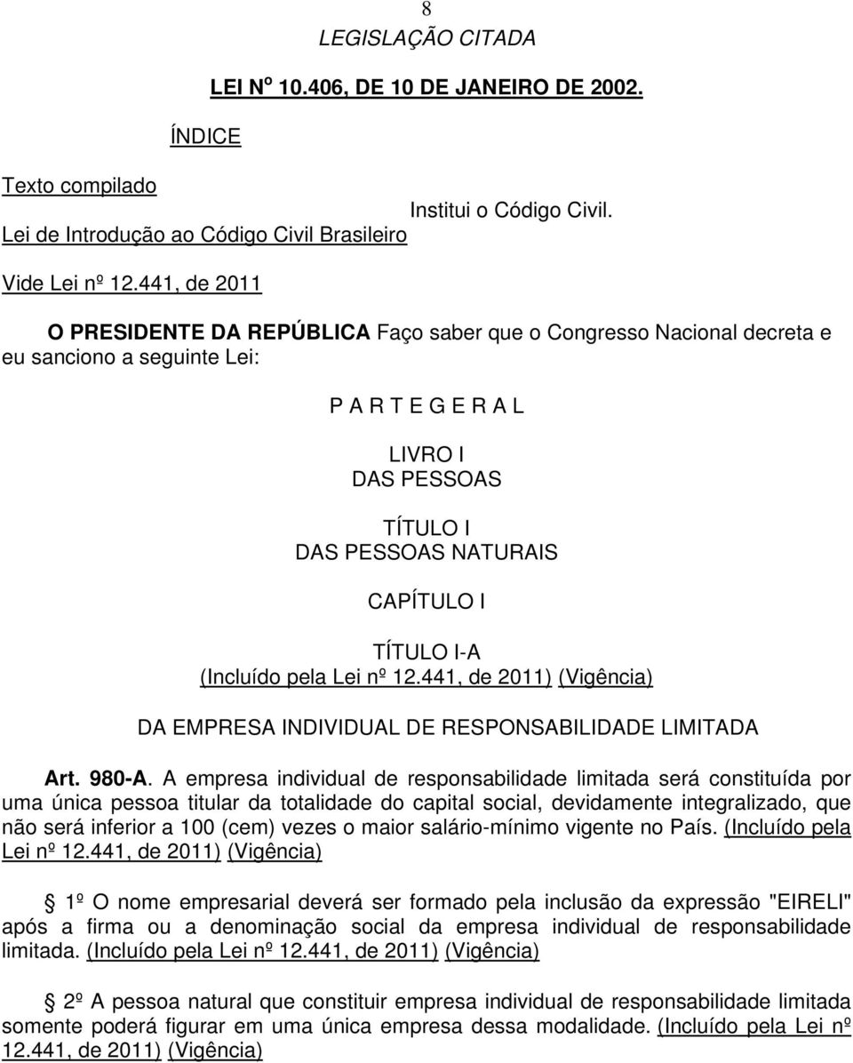 TÍTULO I-A (Incluído pela Lei nº 12.441, de 2011) (Vigência) DA EMPRESA INDIVIDUAL DE RESPONSABILIDADE LIMITADA Art. 980-A.