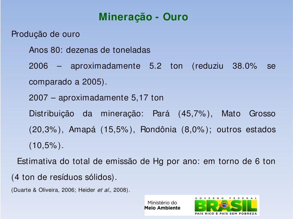 2007 aproximadamente 5,17 ton Distribuição da mineração: Pará (45,7%), Mato Grosso (20,3%), Amapá
