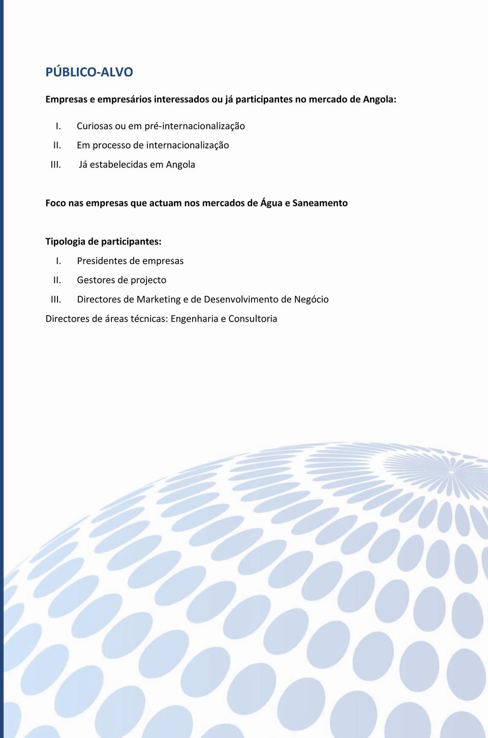 Em processo de internacionalização Já estabelecidas em Angola Foco nas empresas que actuam nos mercados de Água e