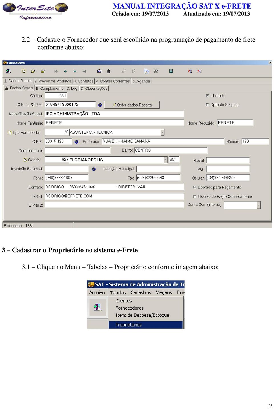 Cadastrar o Proprietário no sistema e-frete 3.