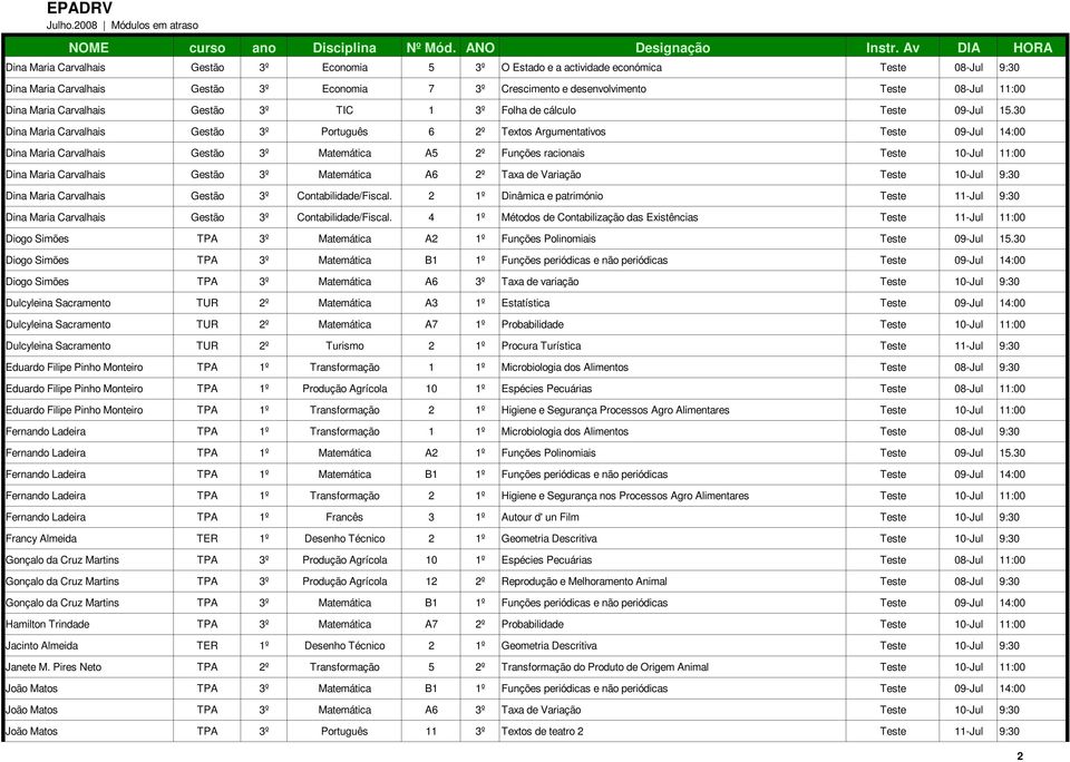 30 Dina Maria Carvalhais Gestão 3º Português 6 2º Textos Argumentativos Teste 09-Jul 14:00 Dina Maria Carvalhais Gestão 3º Matemática A5 2º Funções racionais Teste 10-Jul 11:00 Dina Maria Carvalhais