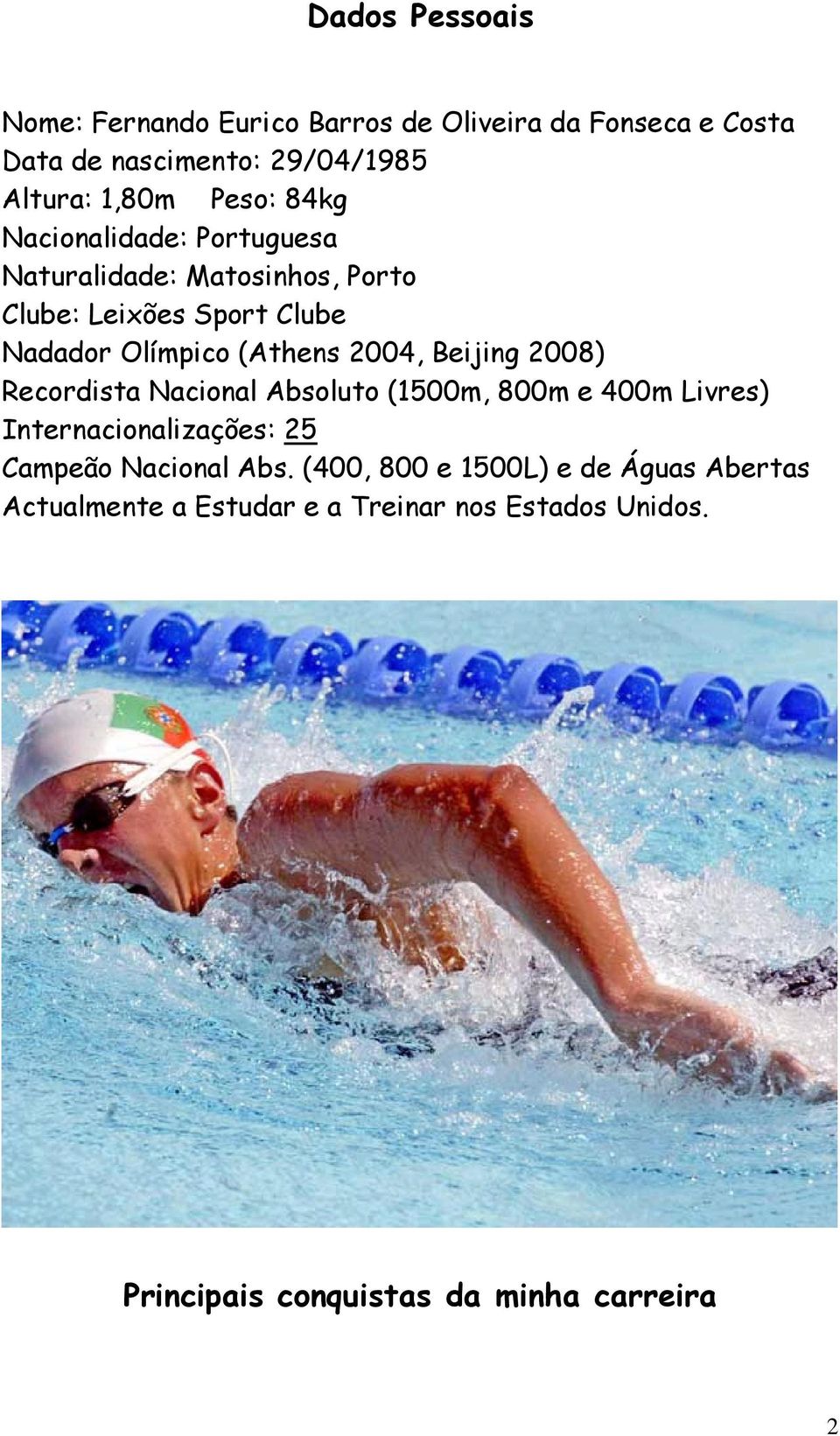 2004, Beijing 2008) Recordista Nacional Absoluto (1500m, 800m e 400m Livres) Internacionalizações: 25 Campeão Nacional Abs.
