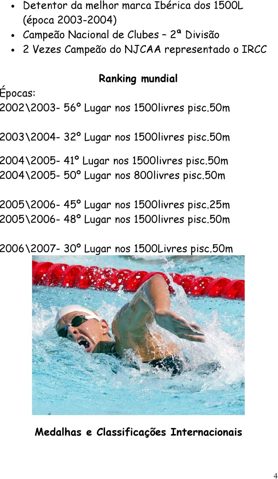 50m 2004\2005-41º Lugar nos 1500livres pisc.50m 2004\2005-50º Lugar nos 800livres pisc.
