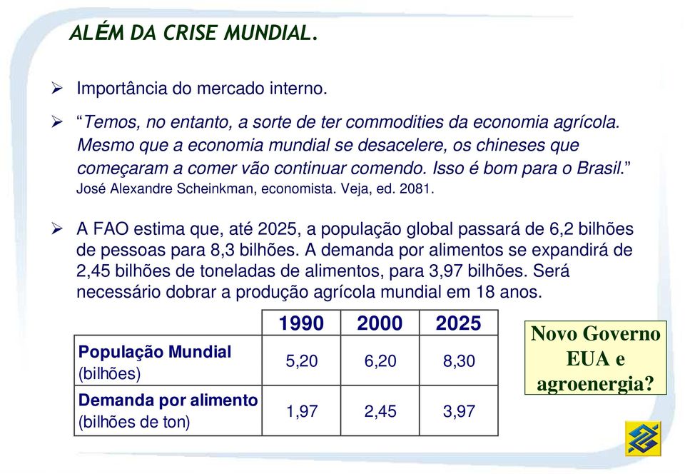 2081. A FAO estima que, até 2025, a população global passará de 6,2 bilhões de pessoas para 8,3 bilhões.