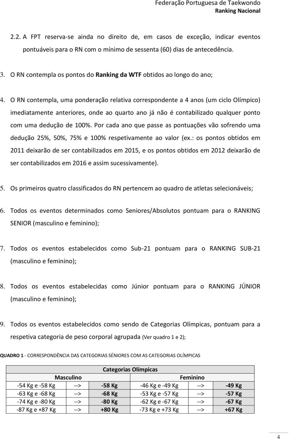 O RN contempla, uma ponderação relativa correspondente a 4 anos (um ciclo Olímpico) imediatamente anteriores, onde ao quarto ano já não é contabilizado qualquer ponto com uma dedução de 100%.