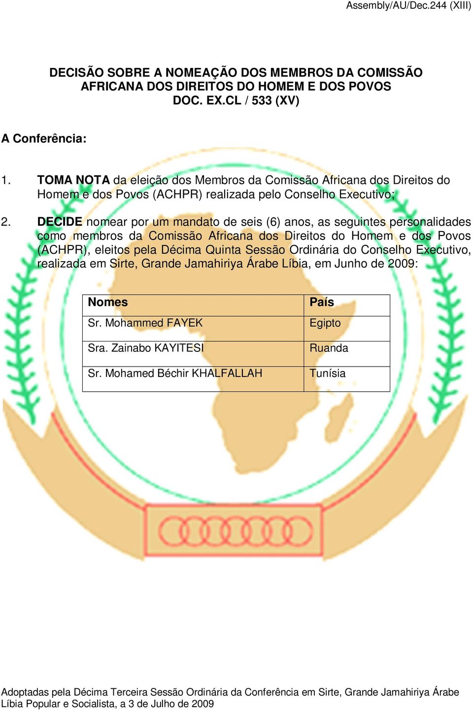 DECIDE nomear por um mandato de seis (6) anos, as seguintes personalidades como membros da Comissão Africana dos Direitos do Homem e dos Povos (ACHPR), eleitos pela