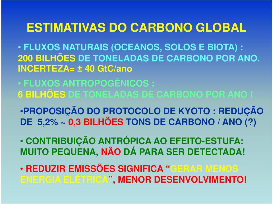 PROPOSIÇÃO DO PROTOCOLO DE KYOTO : REDUÇÃO DE 5,2% ~ 0,3 BILHÕES TONS DE CARBONO / ANO (?