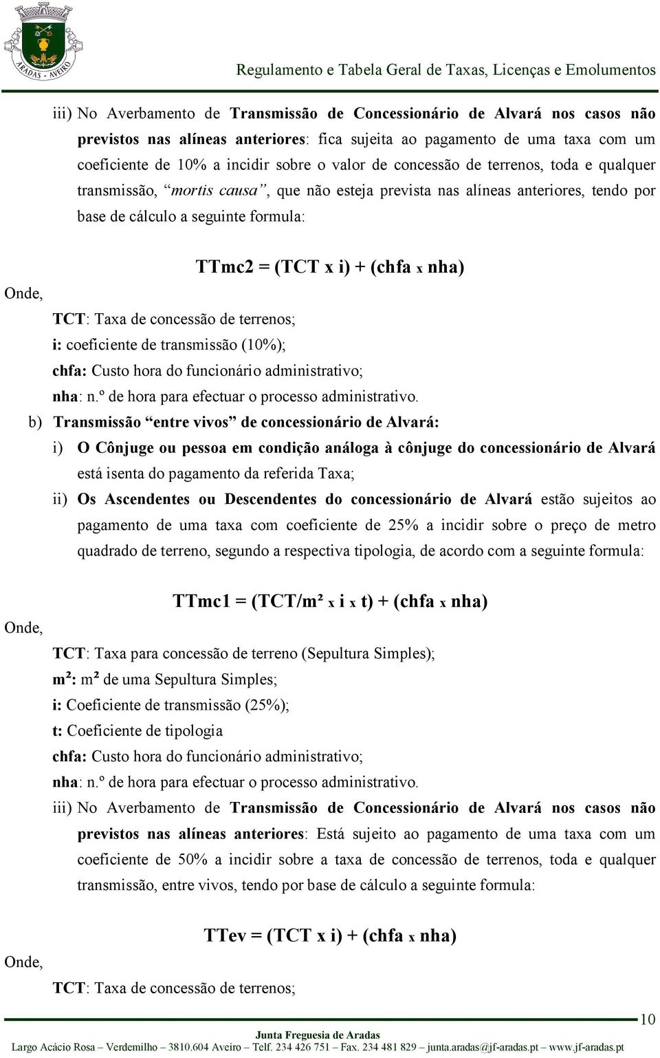 TCT: Taxa de concessão de terrenos; i: coeficiente de transmissão (10%); chfa: Custo hora do funcionário administrativo; nha: n.º de hora para efectuar o processo administrativo.