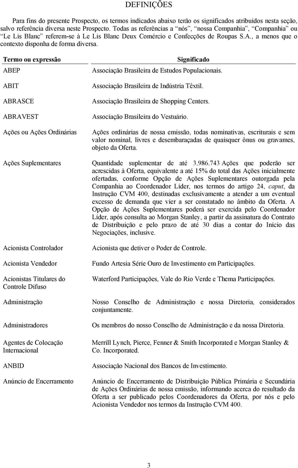 Termo ou expressão ABEP ABIT ABRASCE ABRAVEST Ações ou Ações Ordinárias Ações Suplementares Acionista Controlador Acionista Vendedor Acionistas Titulares do Controle Difuso Administração